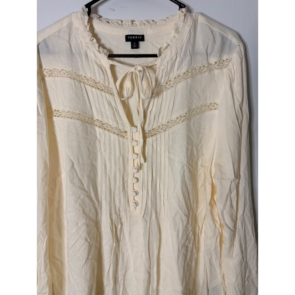 Torrid Cream Lace Pintuck Ruffle Neck Tie Front Blouse Size 0 XL Long Sleeve